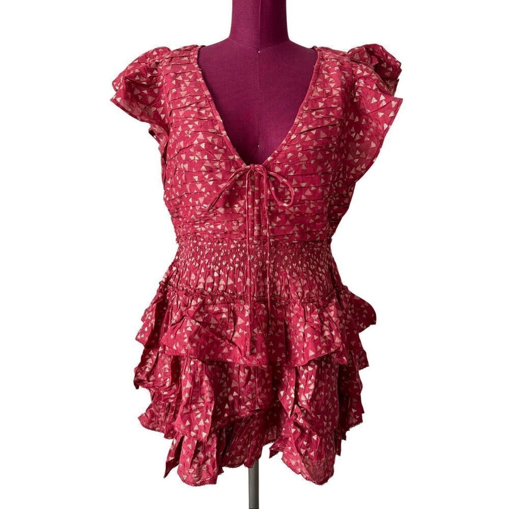 Anthropologie Mini Dress Short Sleeve Ruffled V neck Garnet Red size Large‎ - Picture 4 of 10